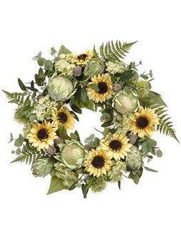 24" Sunflower/Protea/Queen Anne'S Lace Wreath Yellow Green FWX248-YE/GR