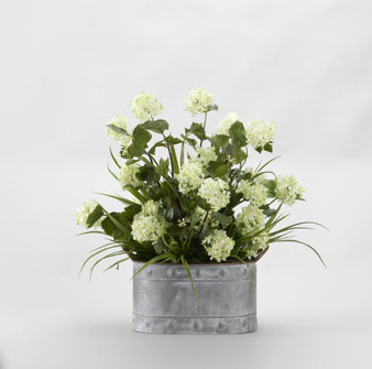 Snowball Branches With Grass In Oval Metal Planter (174003)