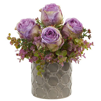 11" Roses And Eucalyptus Artificial Arrangement In Designer Vase (1821-PP)