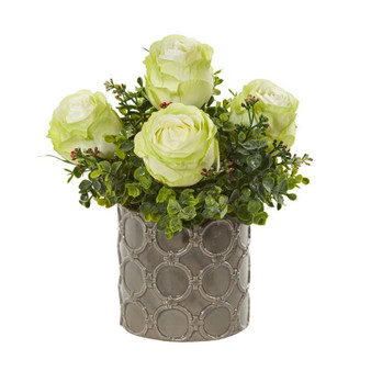 11" Roses And Eucalyptus Artificial Arrangement In Designer Vase (1821-GR)