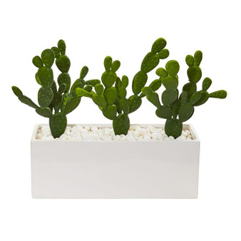 11" Cactus Succulent Artificial Plant In Glazed White Vase (8512)