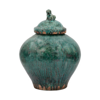 Vintage Emerald Green Porcelain Jar Lion Lid (1629)