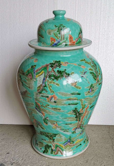 Chinoiserie Green Landscape Temple Jar (1469A)
