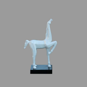White Horse Hoof Up Statue With Black Base (8179-S)