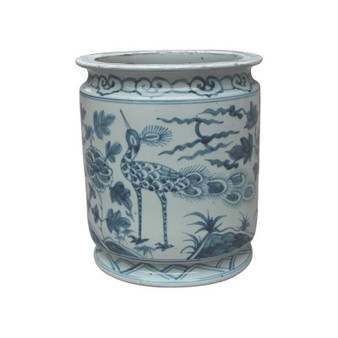 Blue And White Orchid Pot Bird Motif (1396-BW)