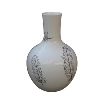 White Globular Vase With Black Feathers (1292)