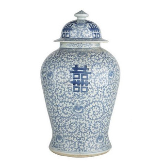 Blue & White Double Happiness Floral Temple Jar (1574)