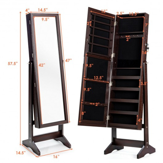 Jewelry Cabinet Stand Mirror Armoire With Large Storage Box-Brown (HW65948CF)