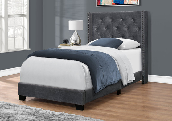 Bed - Twin Size - Dark Grey Velvet With Chrome Trim (I 5986T)