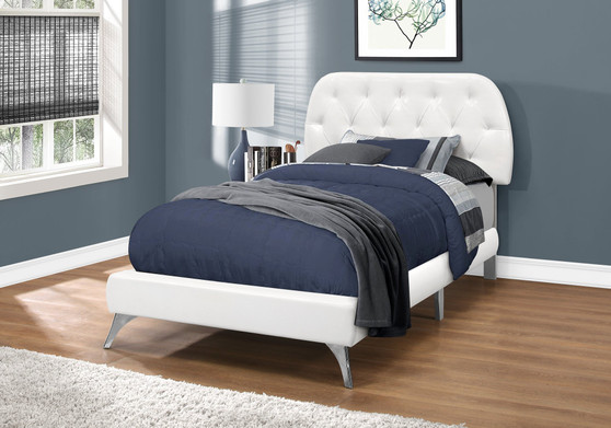 Bed - Twin Size - White Leather-Look With Chrome Legs (I 5983T)