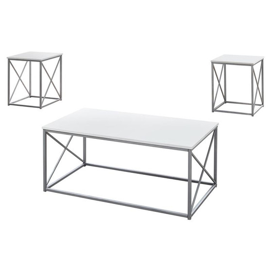 Table Set - 3 Piece Set - White - Silver Metal (I 7951P)