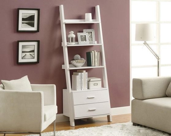 Bookcase - 69"H - White Ladder With 2 Storage Drawers (I 2562)