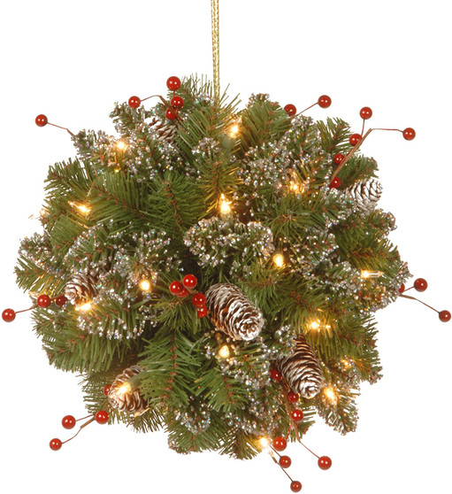 12" Glittery Mountain Spruce Kissing Ball With White Edged Cones, Red Berries & 35 Warm White Battery Operated Led Lights W/Timer-Bat- Reshippable Inner Box-Pack 1/6 (GLM1-300-12KBC1)