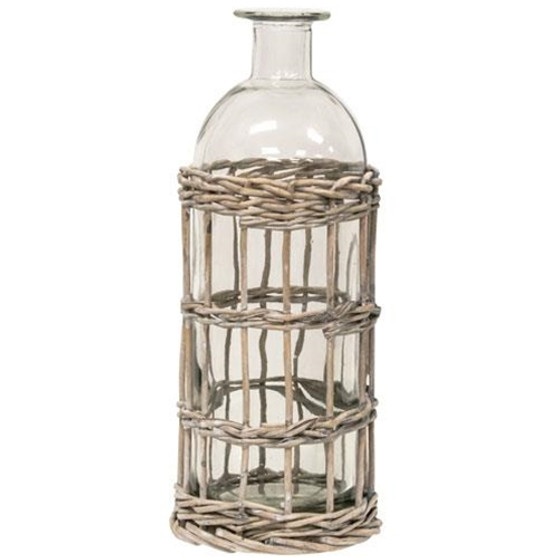 Graywash Willow Wrapped Glass Bottle 9" H
