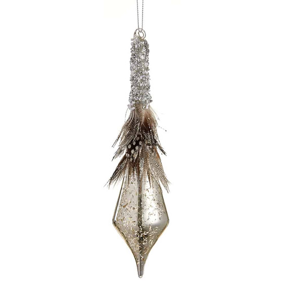 8.7" Beaded Mercury Glass Finial Ornament With Feather Silver Brown (Pack Of 12) XGN527-SI/BR