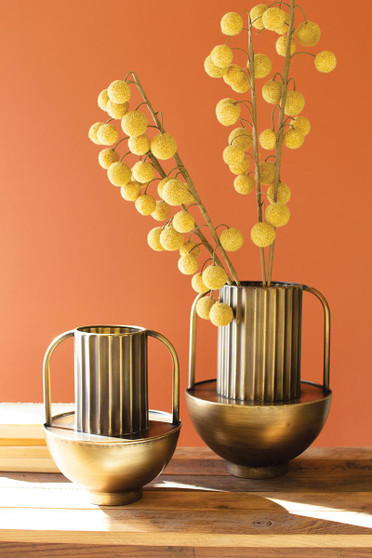 (Set Of 2) Metal Antique Brass Vases With Handles