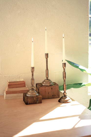 (Set Of 3) Metal Taper Candle Stands - Antique Brass
