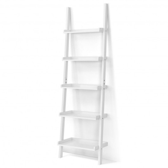 5-Tier Wall-Leaning Ladder Shelf Display Rack For Plants And Books-White (HW66562WH)