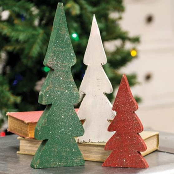 Set Of 3 - Distressed Christmas Colors Wooden Trees