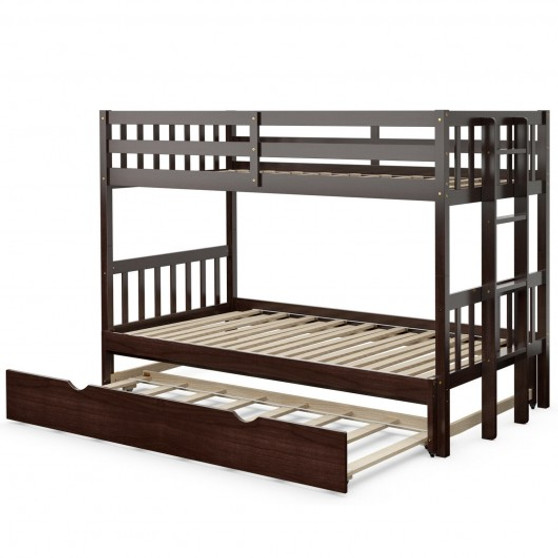 "HW66936ES+" Twin Pull-Out Bunk Bed With Trundle Wooden Ladder-Espresso