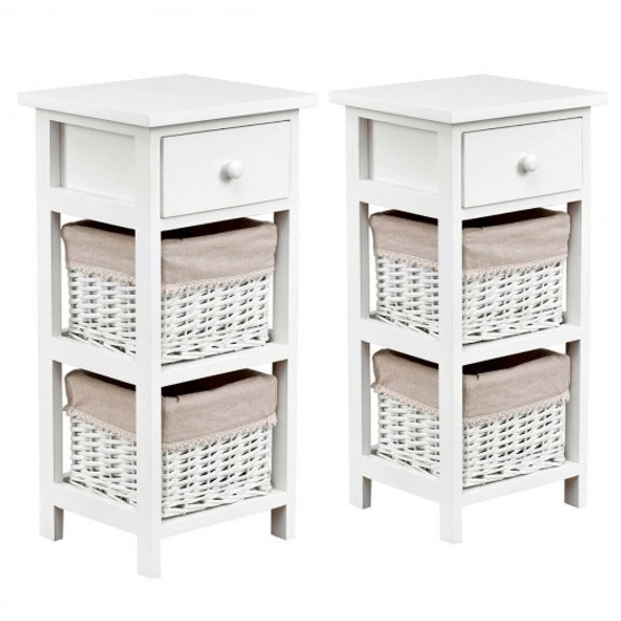 "HW65976WH-2" 2Pcs Bedroom Bedside End Table With Drawer Baskets-White