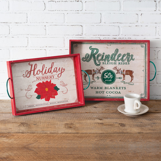 (Set Of 2) Wood Holiday Serving Trays