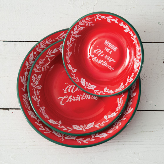 (Set Of 3) Wishing You A Merry Christmas Enameled Dishes
