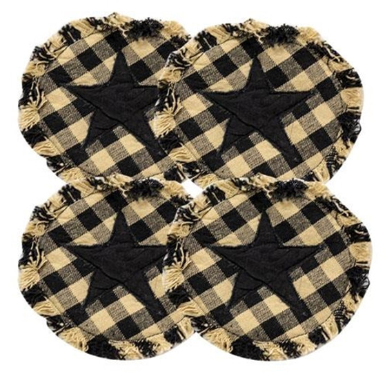 CWI 4/Set Black & Tan Check Star Applique Round Coasters "G54027"