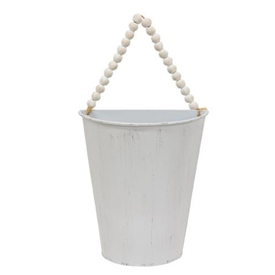 Distressed White Metal Half Wall Bucket With Bead Hanger GCM200463B