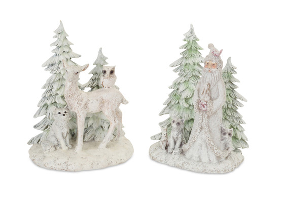 Santa & Deer With Tree/Animals (Set Of 2) 5"Wx7"H Polyresin 68836DS
