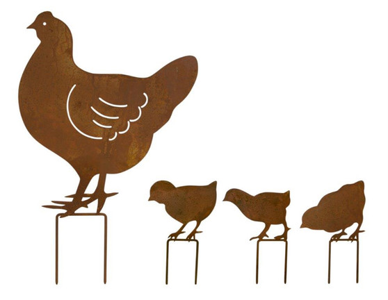 Chicken Family Lawn Stake (Set Of 4) 5"L X 7"H, 12.25"L X 18.5"H Iron 82349DS