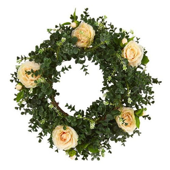 18" Eucalyptus And Camellia Double Ring Artificial Wreath With Twig Base (4425-PH)