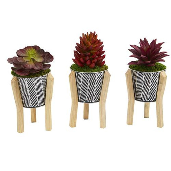 11" Mixed Succulent Artificial Plant In Tin Planter With Legs (Set Of 3) (P1079-S3)
