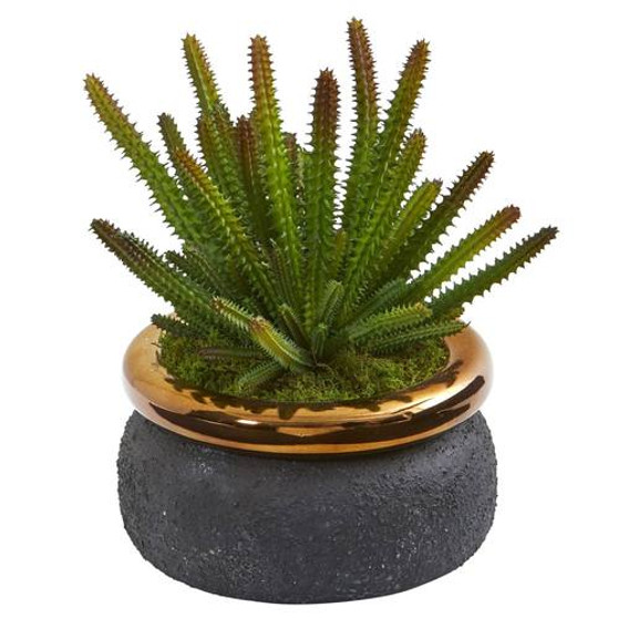 10" Cactus Artificial Plant In Black Planter With Bronze Rim (P1131)
