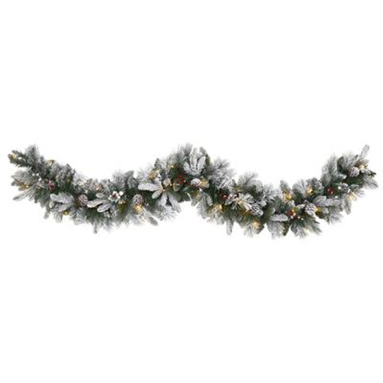 6' Flocked Mixed Pine Artificial Christmas Garland With 50 Led Lights, Pine Cones And Berries (W1130)