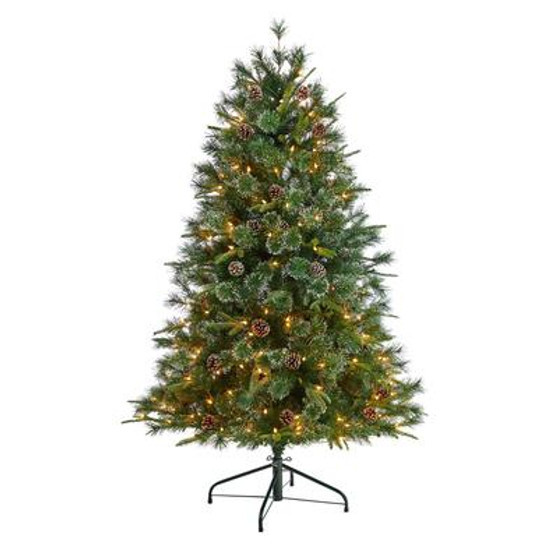 4' Snowed Tipped Clermont Mixed Pine Artificial Christmas Tree With 200 Clear Lights, Pine Cones & 588 Bendable Branches (T3042)