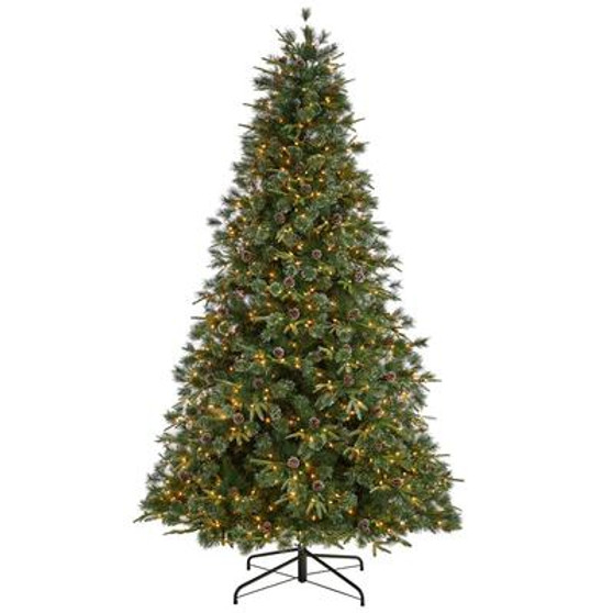 9' Snowed Tipped Clermont Mixed Pine Artificial Christmas Tree With 900 Clear Lights, Pine Cones & 900 Bendable Branches (T3044)