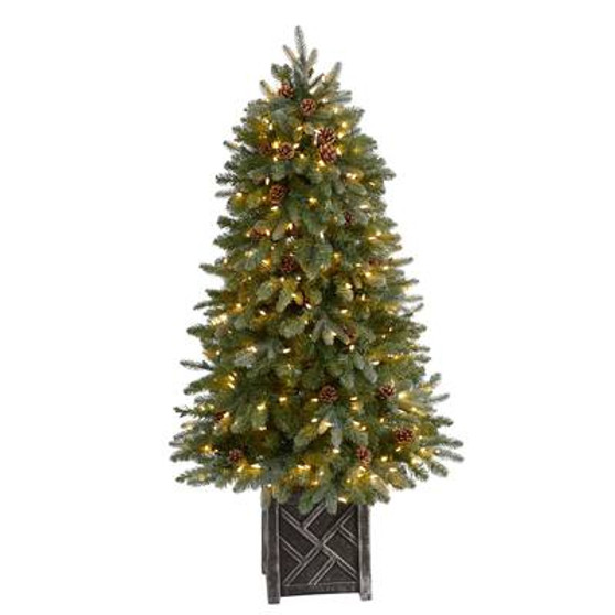 5' Colorado Fir Flocked Dusted Artificial Christmas Tree With 300 Led Lights, 514 Bendable Branches & Pinecones In Decorative Planter (T3283)