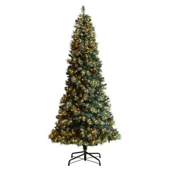 9' Frosted Tip British Columbia Mountain Pine Artificial Christmas Tree With 700 Clear Lights, Pine Cones & 1512 Bendable Branches (T3502)