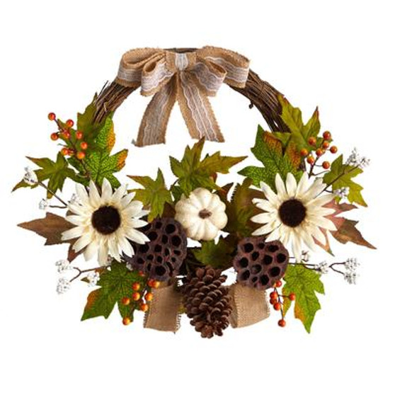 20" Autumn Sunflower, White Pumpkin And Dried Lotus Pod Artificial Fall Wreath With Decorative Bow (W1250)