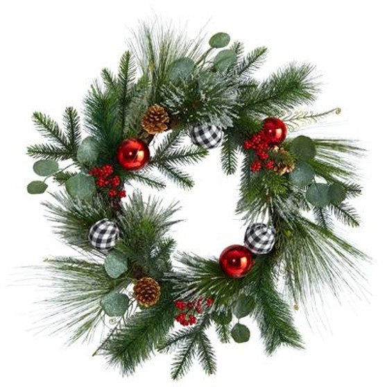 24" Berry And Pinecone Artificial Christmas Wreath With Ornaments (W1270)