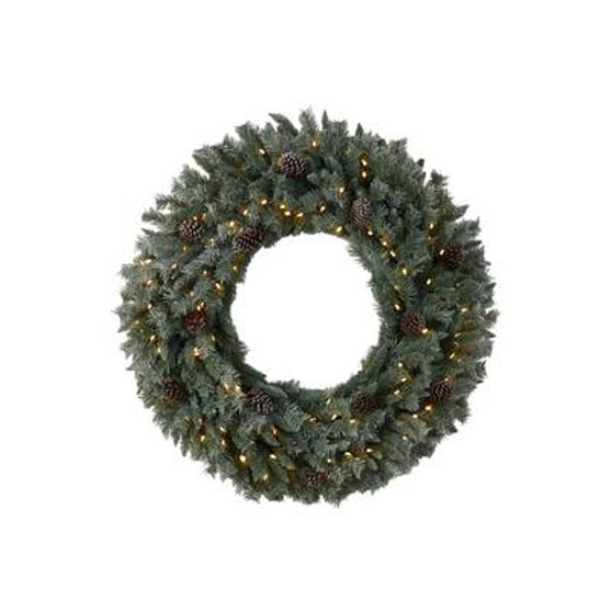 4' Large Flocked Artificial Christmas Wreath With Pinecones, 150 Clear Led Lights & 360 Bendable Branches (W1280)