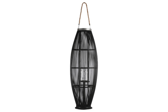 Bamboo Round Lantern With Top Jute Rope Removable Handle, Metal Banded Rim Mouth, Glass Candle Holder And Tapered Bottom On Base Xxl Painted Finish Black (Pack Of 2) 16300
