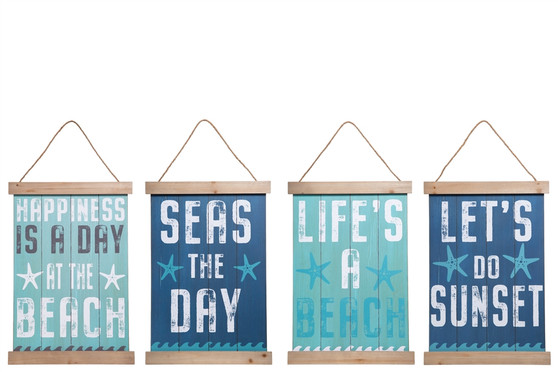 Wood Rectangle Wall Art With Printed "Coastal Messages" Assortment Of Four Distressed Finish Polychromatic (Pack Of 4) 17516-AST