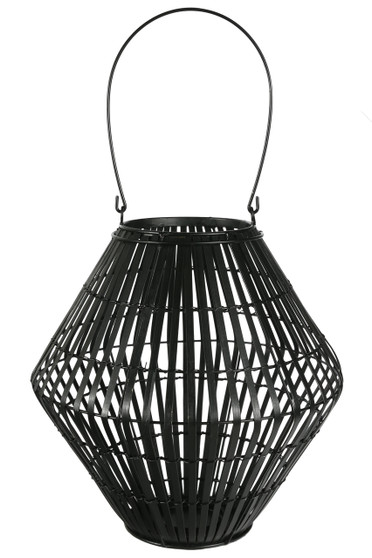 Bamboo Round Lantern With Top Handle, Lattice Design Body On Metal Frame And Tapered Bottom Lg Painted Finish Black (Pack Of 2) 17802
