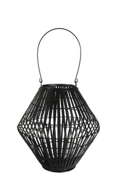 Bamboo Round Lantern With Top Handle, Lattice Design Body On Metal Frame And Tapered Bottom Sm Painted Finish Black (Pack Of 2) 17803