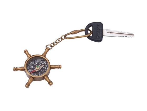 Antique Brass Ship'S Wheel Compass Key Chain 5" K-245-AN