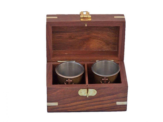 Antique Brass Anchor Shot Glasses With Rosewood Box 4" - Set Of 2 MC-2114-AN