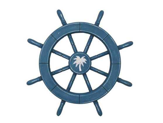 Rustic All Light Blue Decorative Ship Wheel With Palm Tree 18" Wheel-18-205-palm tree