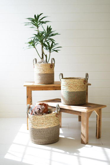 Set 3 Woven Round Seagrass Baskets With Brown Base And Handles (CCH1175)